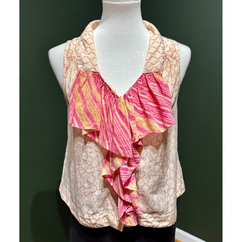 HD in Paris Geometric Pink Sleeveless‎ Ruffle Front Button Up Blouse Women's 10